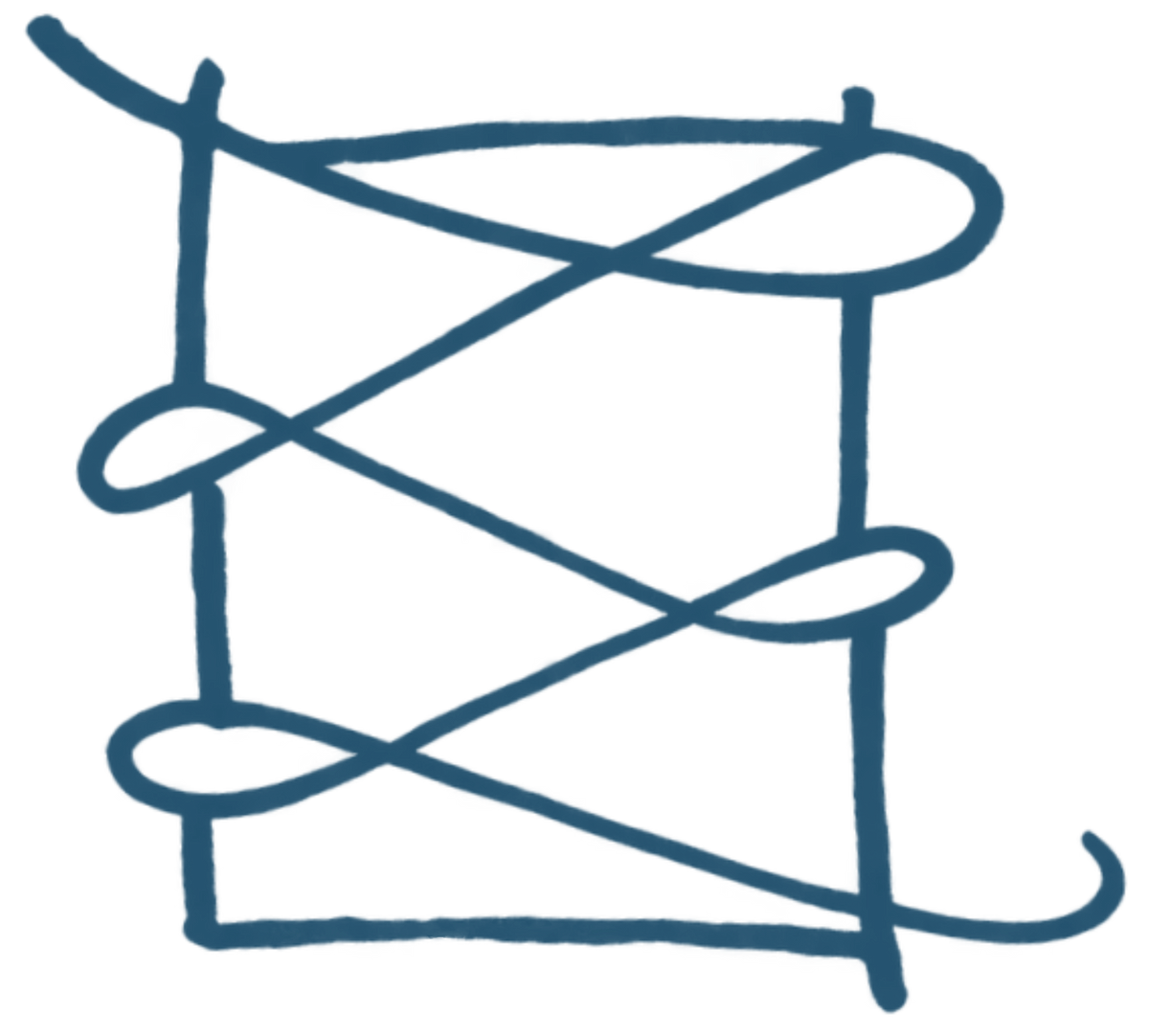 A dark blue graphic showing a stylized sketch of a knotted cord or rope inside a rectangular frame, with the word 'Knotted' written below in a matching script font, all on a solid white background.